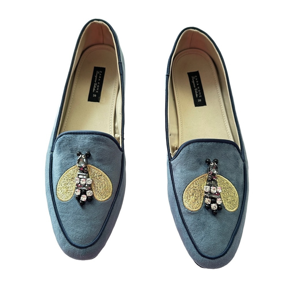 Zara‎ Blue Velvet Slippers with Butterfly Embellishment 38